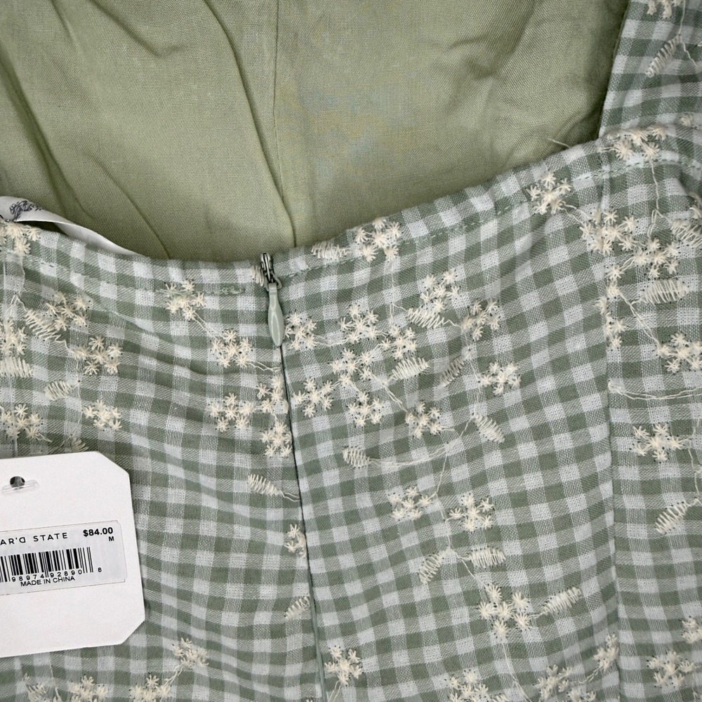 Altar'd State Size Medium Sage Green Gingham Floral Embroidered Tie Strap Romper - Picture 5 of 9